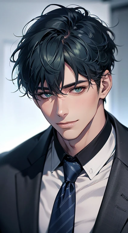 (Highest quality,4K,8K,High resolution,masterpiece:1.2),Super detailed,(Realistic,photoRealistic,photo-Realistic:1.37),1 person,34 years old,Mature Men,Beautiful skin、very handsome,Expressionless smile in love,Short blue hair,green eyes,Sharp Eyes,A perfect face without a doubt,Businessman, CEO, Office Background,Cinema Lighting,HDR image,tie、