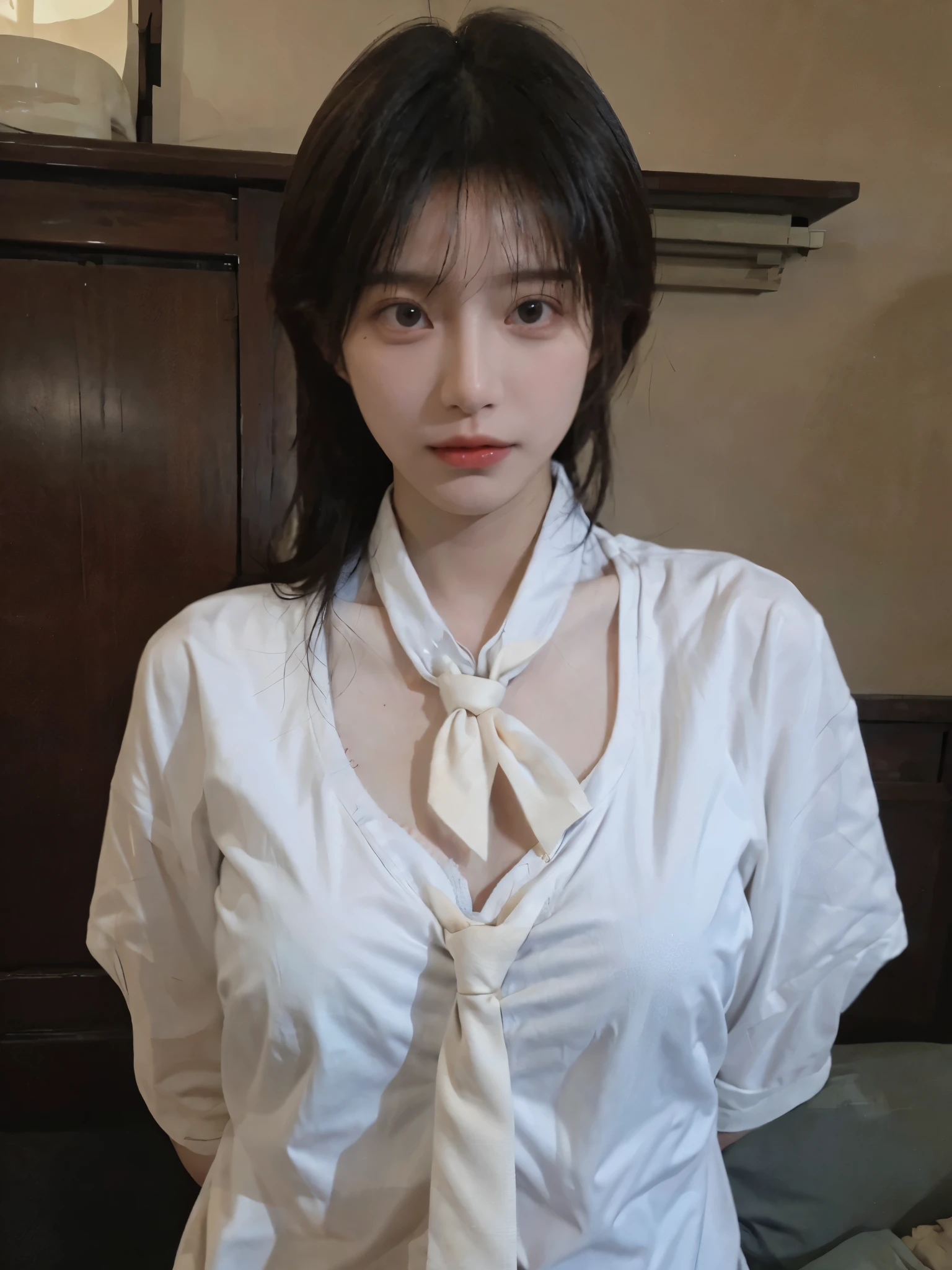 Best quality,masterpiece,ultra high res,(photorealistic:1.4),1girl,sexy,(shirt and tie:1.2),(bra:1.2),(large breast:1.3),(upper body:1.4)