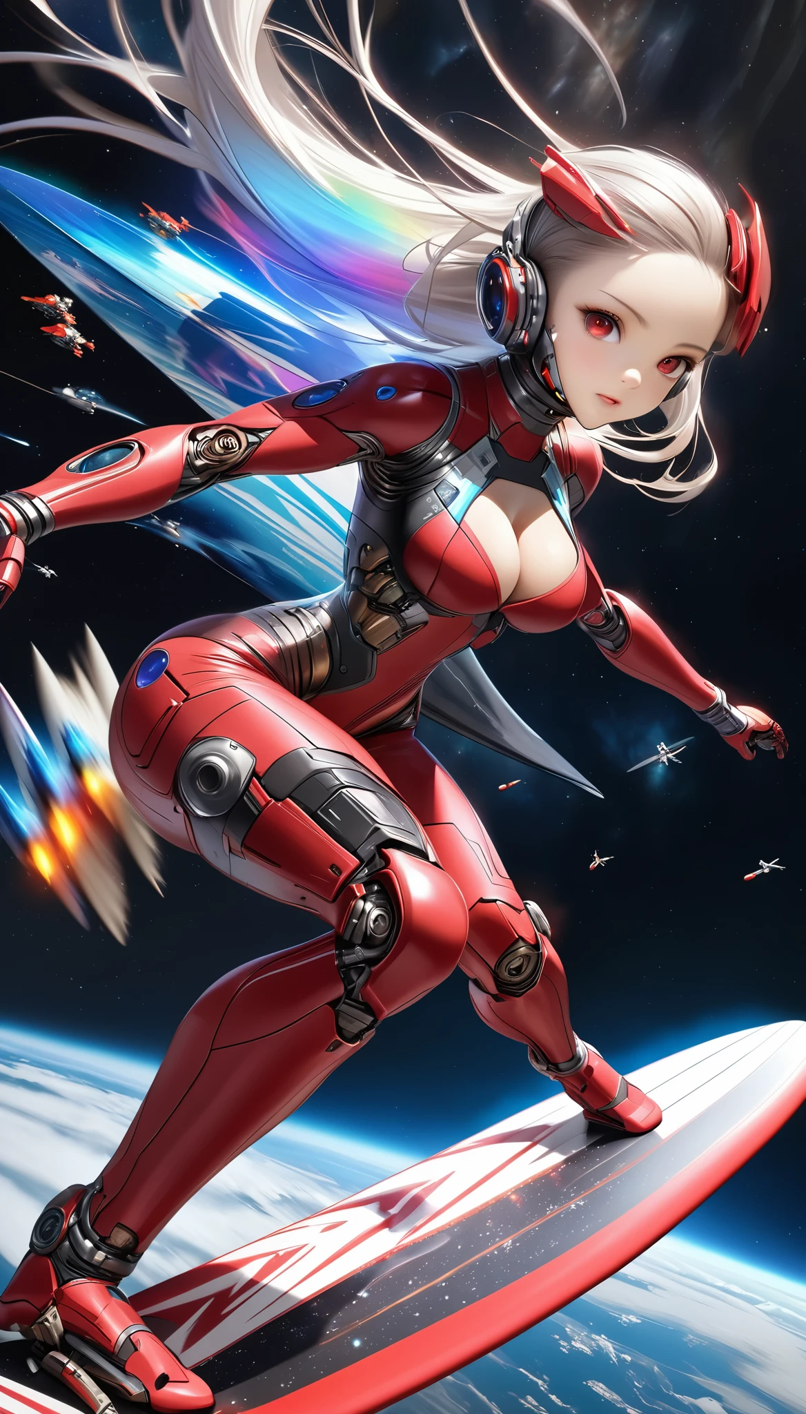 Attractive woman, gunner, cyborg, Realistic Baby, 
break: Attractive womanの体, Detailed and precise mechanical joints, A seamless fusion of human beauty and precision machinery, Mature adult sex appeal, 
break Detailed and realistic skin texture, precision mechanical joint, Smooth-moving parts, Pneumatic hose, Alluring cleavage, 
break Clear Red Eyes, Aesthetic illumination, 
break Transparent full color, Holographic Hair, Smooth expression, 
break Ultra-realism, Detailed and realistic skin texture, Fine and exquisite texture, Detailed and exquisite brushwork, Detailed and vivid depiction, Anatomically correct, Absurd aesthetics, 
break Attack with a sophisticated and high-performance beam rifle, Approach the viewer while avoiding enemy attacks, 
break Leaning forward to approach the viewer, Firing at the crowd, Oncoming Bullets, Motion blur to highlight approaching bullets&#39;the trajectory of, Ready for battle, 
break Space War, Aesthetic space combat, Transparent full color, Fantastic iridescent colors, Bold and powerful composition, 
break: approaching to viewer, Motion blur for explosive acceleration, Rapid approach using combat flight modes, Beautifully detailed movements, 
break Epic space war, A dark background to make your subject stand out,  dramatic cinematographic lighting, 
(Dynamic wide-body shot:1.0, Ankles inside the frame:1.0), 
break Professional spray work, Highest qualityのレンダリング, Highest quality, Highest Resolution, superretinal vision, 
BREAK (Surfing in space:1.7)