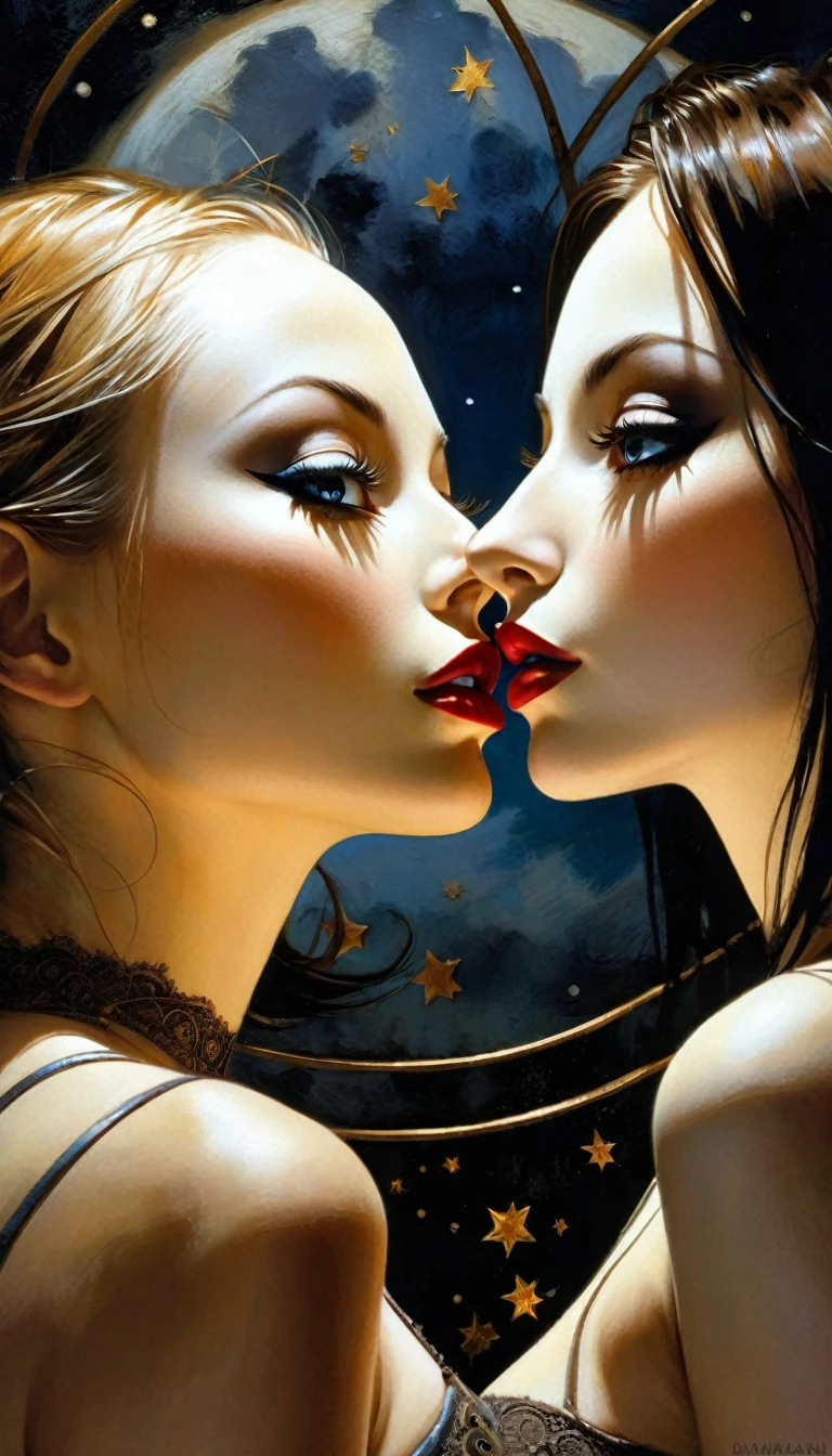 two girls, lesbianism, magic, ✨🤟😁🤗😍😆👍🙌✨👩👩👦👦sex sex sex ✨✨ ❗ 🙏😁❤ eroticism,fantastic, night sky, moon, stars, background, black and white image, eroticism, sexy, (best quality,4k,8k,highres,masterpiece:1.2),ultra-detailed,(realistic,photorealistic,photo-realistic:1.37),intricate details,vivid colors,sharp focus,professional,Dave McKean artwork, oil touch of surrealism,oil painting style,portrait,woman,beautiful detailed eyes,beautiful detailed lips,dreamlike atmosphere,shadow play,soft lighting,playful pose,minimalist room,dark hues,ethereal background,fantasy elements,texture,layered composition.