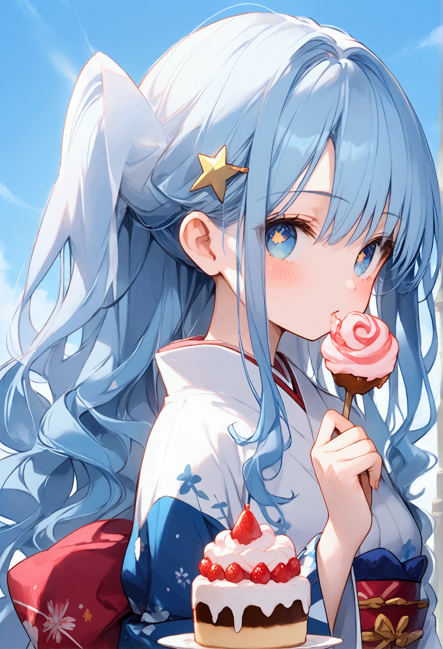 A young woman with light blue hair, star-shaped hair clip, long hair. Her hair is long and straight, with playful, expressive strands that add movement and dynamism to the piece, feeding her viewers with a spoonful of cake, look at viewers. Her eyes are wide and sparkling, with star-shaped pupils that reflect the joy and excitement of her birthday. The blush on her cheeks is a soft pink, revealing her happiness and slight embarrassment at being the center of attention. She's holding a spoon with a pice cake, her excitement almost palpable. adhering to a high-quality Anime style, kimono, from the side. The piece should be in Ultra High Definition, with a resolution of 8K, making it a true masterpiece. Pay attention to anatomical correct(2), ensuring that the character's pose and proportions are accurate and believable. The skin should be textured, with high details that give a sense of realism to the Anime style. The final artwork should be of the best quality and extremely high-re, pov, anime, anime style, social media composition, UHD, masterpiece, accurate, anatomically correct, textured skin, super detail, high details, high quality, award winning, best quality, highres, 8k