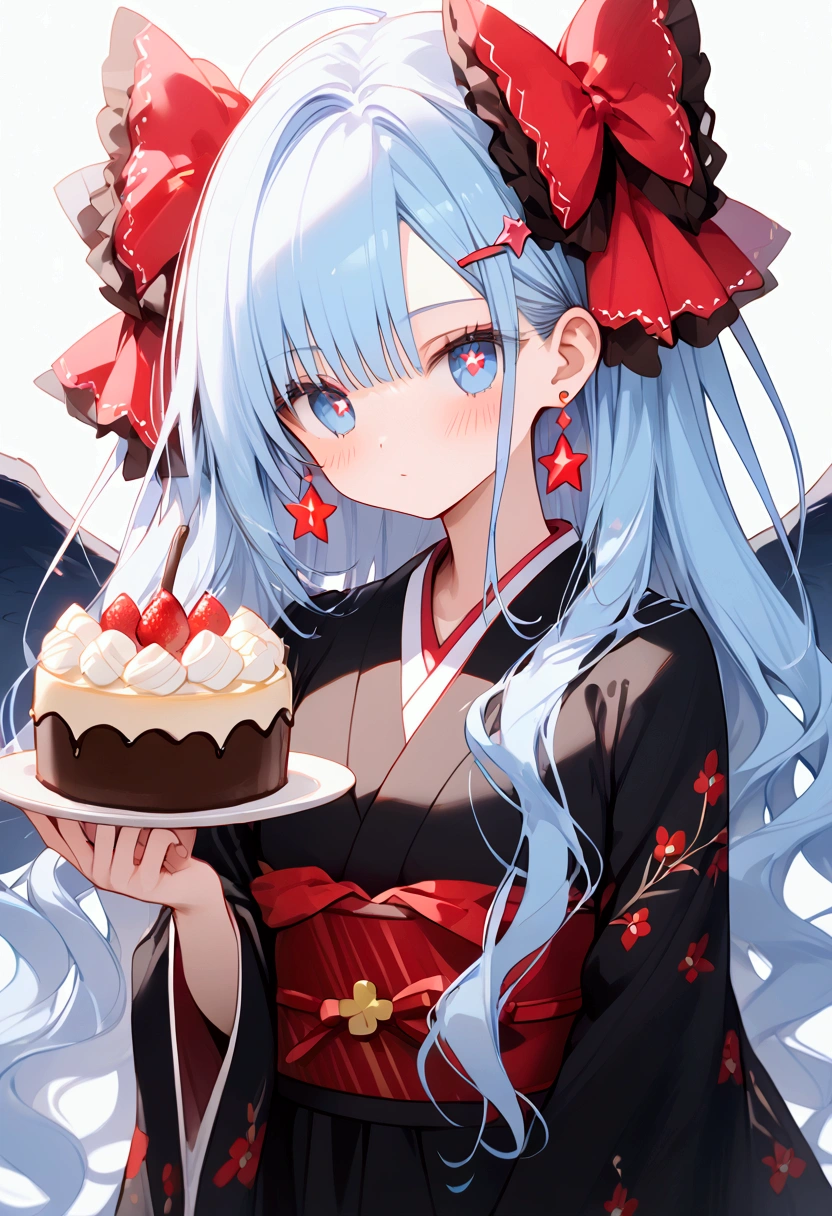 A young woman with light blue hair, star-shaped hair clip, long hair. Her hair is long and straight, with playful, expressive strands that add movement and dynamism to the piece, feeding her viewers with a spoonful of cake, look at viewers. Her eyes are wide and sparkling, with star-shaped pupils that reflect the joy and excitement of her birthday. The blush on her cheeks is a soft pink, revealing her happiness and slight embarrassment at being the center of attention. She's holding a spoon with a pice cake, her excitement almost palpable. adhering to a high-quality Anime style, kimono, from the side. The piece should be in Ultra High Definition, with a resolution of 8K, making it a true masterpiece. Pay attention to anatomical correct(2), ensuring that the character's pose and proportions are accurate and believable. The skin should be textured, with high details that give a sense of realism to the Anime style. The final artwork should be of the best quality and extremely high-re, pov, anime, anime style, social media composition, UHD, masterpiece, accurate, anatomically correct, textured skin, super detail, high details, high quality, award winning, best quality, highres, 8k
