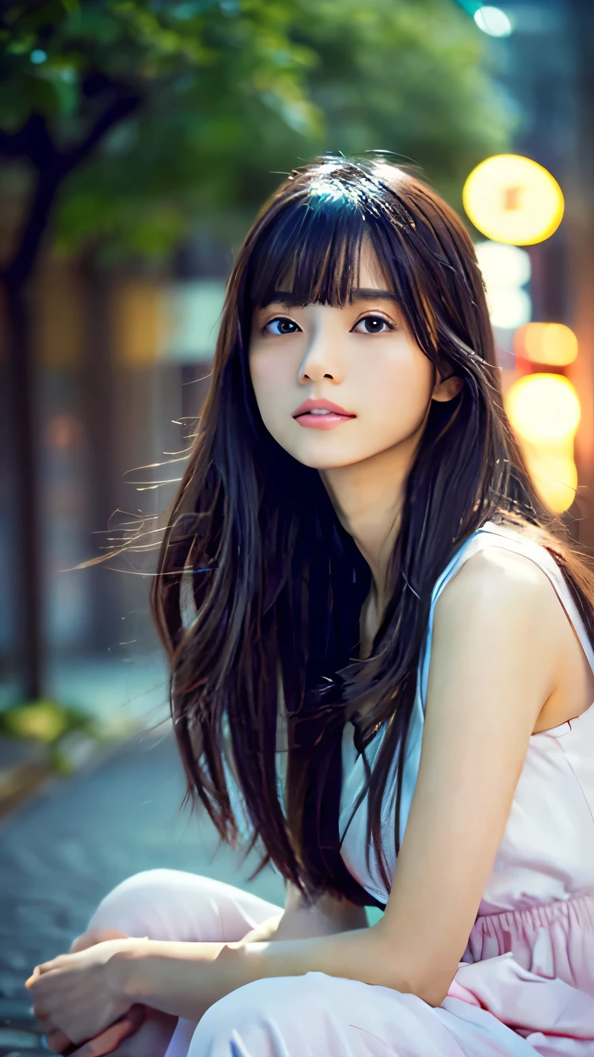 Highest quality,4K,8k,High resolution,masterpiece:1.2,Very detailed,Realistic:1.37,Portraiture,Soft colors,Gentle light,A girl exuding fatigue,Long flowing hair,Delicate features,Deeply contemplative eyes,White skin,Happy expression,Soft pastel colors,Great atmosphere,Sleeveless dress,Subtle brushwork,Dreamlike composition,Gazing into the distance,,Romantic atmosphere、Roppongi nightlife、,Calm colors,Soft Shadows、