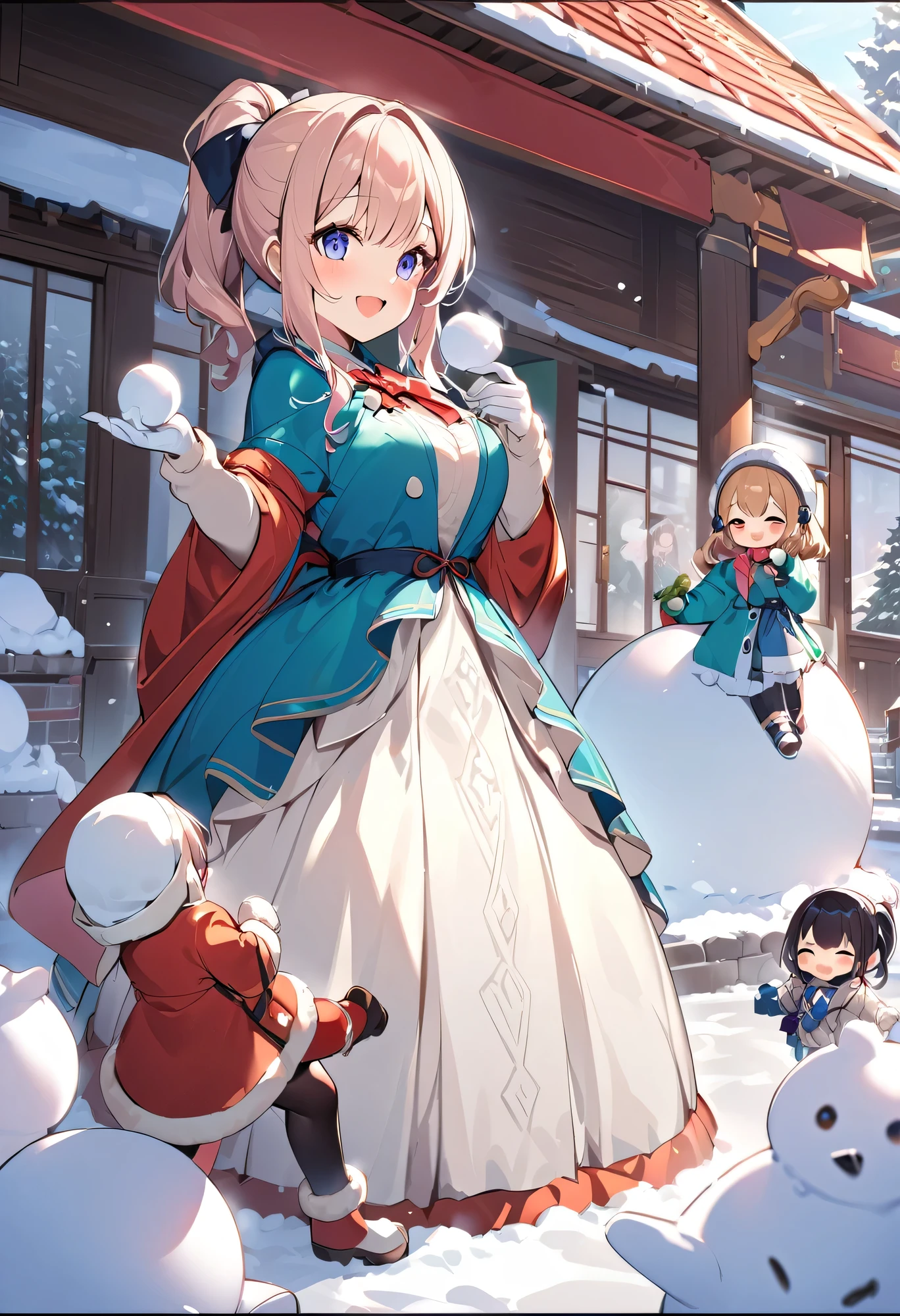 Highest quality、High resolution、Detailed Background、mysterious、Beautiful face in every detail、Highly detailed face、age beauty、Huge breasts、Perfect body line、Light color hair、Bobcut、ponytail、Cute gestures、Natural beauty、Sapporo Snow Festival、Snow sculpture、Fun atmosphere、A big smile、
(Three girls taking a selfie in front of a snow sculpture:1.5)、
A girl and her friends are visiting the Sapporo Snow Festival、Taking commemorative photos in front of the large snow sculpture and admiring the intricate snow formations、Children enjoying playing in the snow、Making snowmen and having snowball fights、A girl happily walking around, interacting with other children、cute