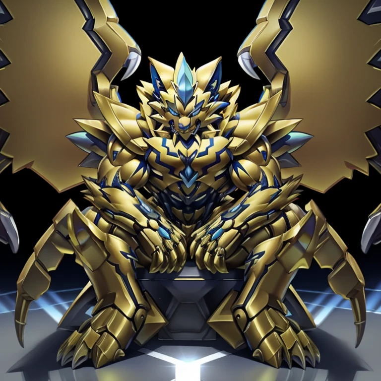 (ZERAORA, 8K), (Zeraora's giant robot, Powered exoskeleton with the same design as Zeraora), (Masterpiece, highres) (Detailed head, Detailed Body, Detailed abs, full body) (gigantic muscles, Gigachad Muscular, big muscle, pecs, triceps, traps, unusually developed muscular body, body full of huge muscles. showing off muscles, pectorales enormes, Exaggeratedly huge muscles.) (nj5furry, The claws are sharp, Sharp teeth, sharp claws), (long legs), (Spread wings, It has wings, have big wings, golden wings), (Wrestling, wrestler, the bodybuilding), (It has wings, whole body shines like metal, Wearing cyberpunk mecha, emphasizes the muscles, suit fully made of metal, intricate armor, Robotic suit, suit fully made of metal, cyborg), menacing pose, sitting on the throne, An arrogant expression. destroying city.