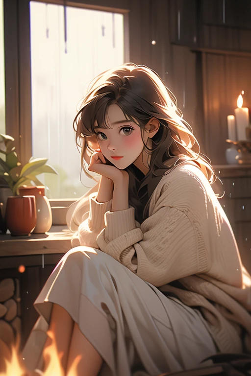 Young nice girl, sitting beside the window, watching the rain. Wearing sweater. Fire place on the background. 