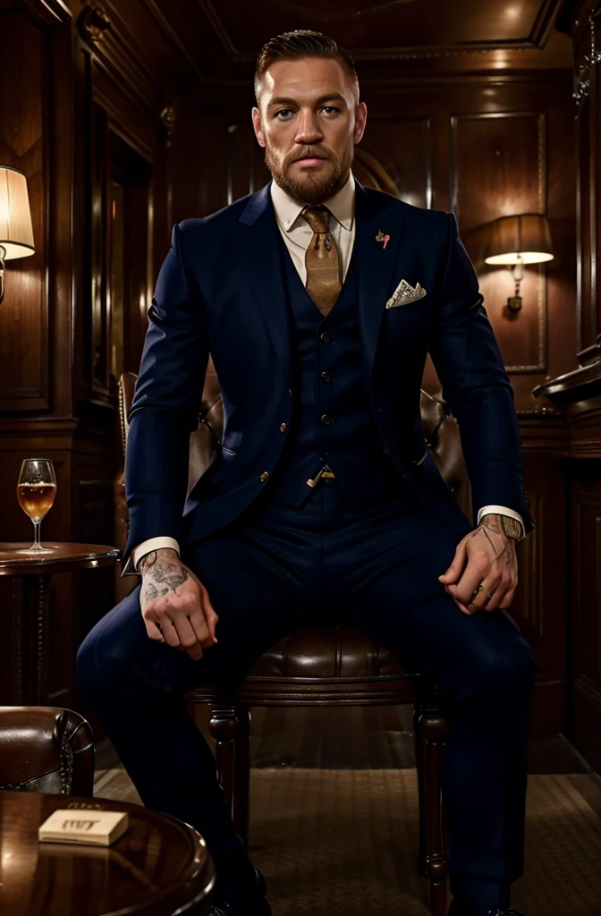 Conor McGregor is drinking whiskey and wearing a navy British suit while sitting on a luxurious chair in a stylish antique bar.