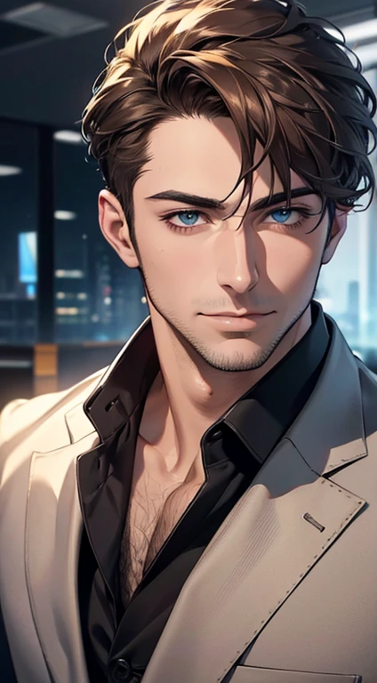 (best quality,4k,8k,highres,masterpiece:1.2),ultra-detailed,(realistic,photorealistic,photo-realistic:1.37),1 man,31 years old,mature man,very handsome,without expression,smile,short grey brown hair,blue eyes,penetrating gaze,perfect face without errors,imposing posture,businessman,office background,cinematic lighting,hdr image