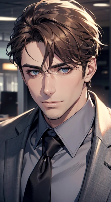 (best quality,4k,8k,highres,masterpiece:1.2),ultra-detailed,(realistic,photorealistic,photo-realistic:1.37),1 man,31 years old,mature man,very handsome,without expression,smile,short grey brown hair,blue eyes,penetrating gaze,perfect face without errors,imposing posture,businessman,office background,cinematic lighting,hdr image