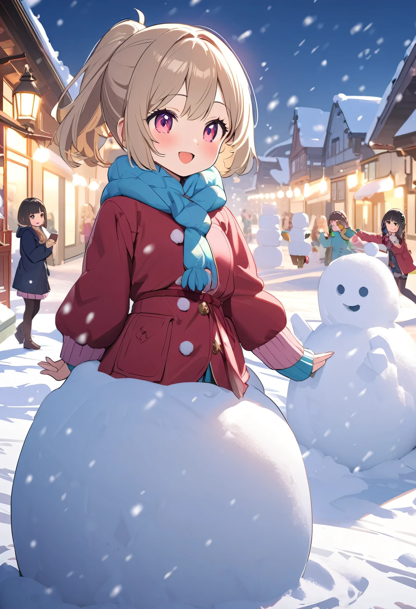 Highest quality、High resolution、Detailed Background、mysterious、Beautiful face in every detail、Highly detailed face、Teenage beauty、Huge breasts、Perfect body line、Light color hair、Bobcut、ponytail、Cute gestures、Natural beauty、Sapporo Snow Festival、Snow sculpture、Fun atmosphere、A big smile、
(Three girls taking a selfie in front of a snow sculpture:1.5)、
A girl and her friends are visiting the Sapporo Snow Festival、Taking commemorative photos in front of the large snow sculpture and admiring the intricate snow formations、Children enjoying playing in the snow、Making snowmen and having snowball fights、A girl happily walking around, interacting with other children、cute
