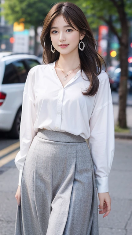 (Highest quality、 8k 、masterpiece、High resolution)、Young lovely woman、Ample breasts、Smooth and unnoticeable collarbone、Slender beauty、(Brown hair medium、My hair is blowing in the wind、Flows backwards)、Full Body Shot、 (Beautiful Face,Beautiful Eyes,Beautiful nose,Pretty lips)、(Stephanie hoove earrings、silver heart necklace)、((Official Casual、knit、shirt、slacks、skirt、Black or white、Finish with basic colors such as pink))、Has an official bag、Her mouth opens slightly and a smile appears.、Nice pose、Building district、office Street、looking at the camera、Professional Lighting、Professional photographer、Detailed CG、