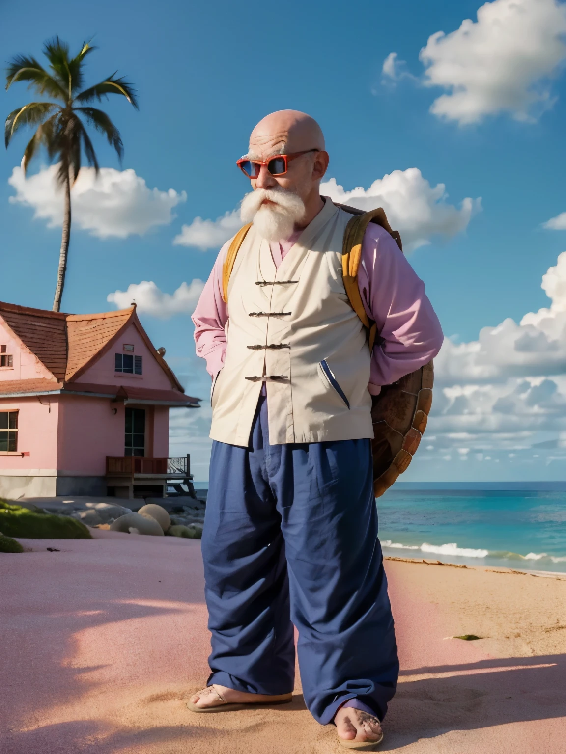 (masterpiece:1.2, best quality:1.2), ((1old man)), professional lightings, cinematic lightings, 8k wallpaper, ultra realistic portrait of Roshi, dragonball, Muten Roshi_dbz, (((ultra realistic exterior of Kame house, ultra detailed exterior of Kame house, pink color painted wall, red roof, small beach in front, palm trees & ocean))), ((chinese clothes)), bald, old man, beard, sunglasses, white hair, ((sea turtle’s shell on his back)), mustache, grabbing a wood stick, standing, full body, orange jacket, (blue pants), turtle shell backpack, ((front view)), 