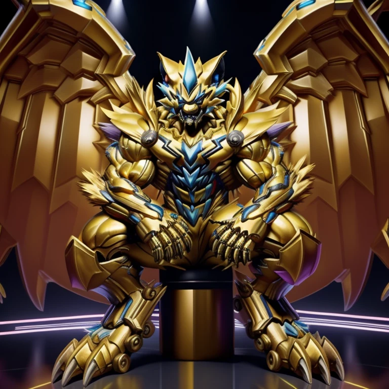 (ZERAORA, 8K), (Zeraora's giant robot, Powered exoskeleton with the same design as Zeraora), (Masterpiece, highres) (Detailed head, Detailed Body, Detailed abs, full body) (gigantic muscles, Gigachad Muscular, big muscle, pecs, triceps, traps, unusually developed muscular body, body full of huge muscles. showing off muscles, pectorales enormes, Exaggeratedly huge muscles.) (nj5furry, The claws are sharp, Sharp teeth, sharp claws), (long legs), (Spread wings, It has wings, have big wings, golden wings), (Wrestling, wrestler, the bodybuilding), (It has wings, whole body shines like metal, Wearing cyberpunk mecha, emphasizes the muscles, suit fully made of metal, intricate armor, Robotic suit, suit fully made of metal, cyborg), menacing pose, sitting on the throne, An arrogant expression. destroying city.