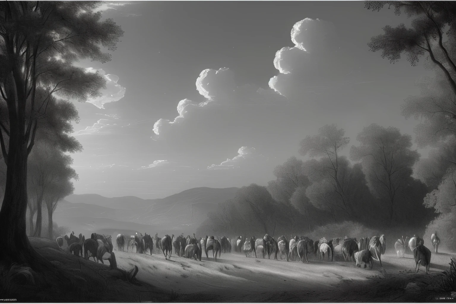 ((best quality),(masterpiece),(detailed)), a detailed drawing of a medieval group of people traveling in convoy on a mountain path, ornate medieval armor, horses pulling carriages, castle, pine trees, winding mountain road, lush green forest, dramatic cloudy sky, warm lighting, intricate architectural details, high resolution, photorealistic, (cinematic:1.2), (fantasy:1.1), (renaissance:1.1), point of view on the side