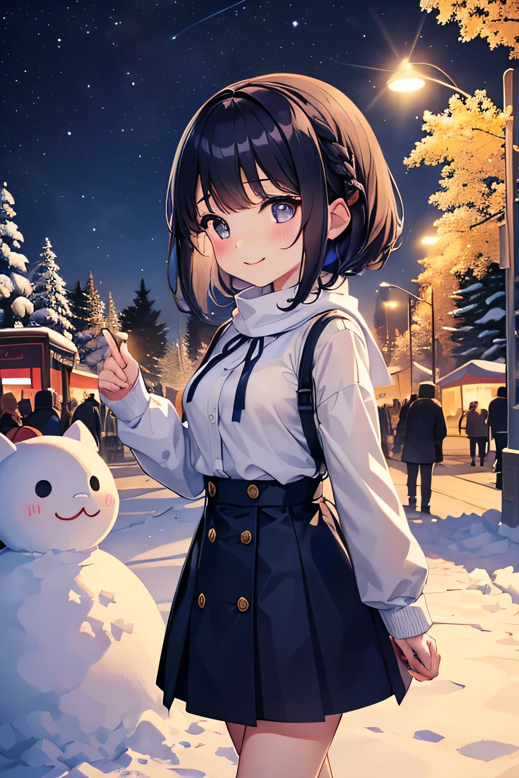 Highest quality、High resolution、Detailed Background、Artistic、mysterious、(Beautiful face in every detail:1.4)、Anatomically correct、(Normal number of fingers:1.2)、Highly detailed face、Detailed eyes、age beauty、(Huge breasts:1.2)、Perfect body line、Light color hair、Braided bob cut、Braided Ponytail、well-groomed eyebrows、cute gesture、Natural beauty、Sapporo Snow Festival、Snow Festival、Illuminated snow sculptures、Fun atmosphere、A big smile、Cowboy Shot、
(Two girls enjoying the Snow Festival:1.5)、
As snowflakes flutter、A girl and her friends are visiting the Snow Festival in Sapporo. They take commemorative photos in front of the large snow sculptures and admire the intricate snow sculptures.、
The girls are walking together, smiling as the cold north wind blows from time to time.、
The cheers of children enjoying playing in the snow echoed throughout the venue.、
The sight of children building snowmen and having snowball fights is eye-catching.、
A girl happily walking around, interacting with other children、
They walk through the venue with excited expressions, shoulder to shoulder with their friends.、
They were talking to each other while holding hot drinks and rubbing their red cheeks.、cute