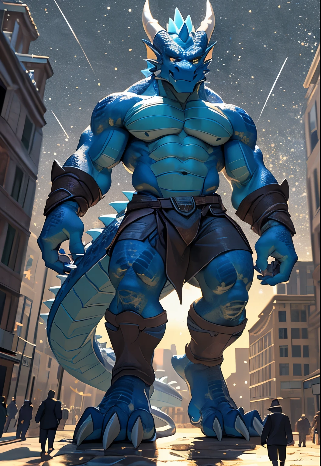 archeologist, (dragon), anthro, male, ((blue body)), scales, tail, tall, muscles, handsome, clothes, outdoors, raising his leg, showing his toes, toe claws, epic, depth of field, perfect lighting, (light particles),(best quality),(masterpiece),(ultra detailed),sharp focus, macro in city, low pov