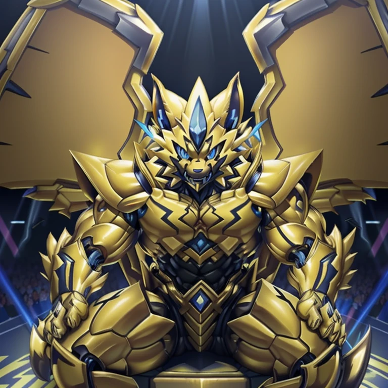 (ZERAORA, 8K), (Zeraora's giant robot, Powered exoskeleton with the same design as Zeraora), (Masterpiece, highres) (Detailed head, Detailed Body, Detailed abs, full body) (gigantic muscles, Gigachad Muscular, big muscle, pecs, triceps, traps, unusually developed muscular body, body full of huge muscles. showing off muscles, pectorales enormes, Exaggeratedly huge muscles.) (nj5furry, The claws are sharp, Sharp teeth, sharp claws), (long legs), (Spread wings, It has wings, have big wings, golden wings), (Wrestling, wrestler, the bodybuilding), (It has wings, whole body shines like metal, Wearing cyberpunk mecha, emphasizes the muscles, suit fully made of metal, intricate armor, Robotic suit, suit fully made of metal, cyborg), menacing pose, sitting on the throne, An arrogant expression. destroying city.