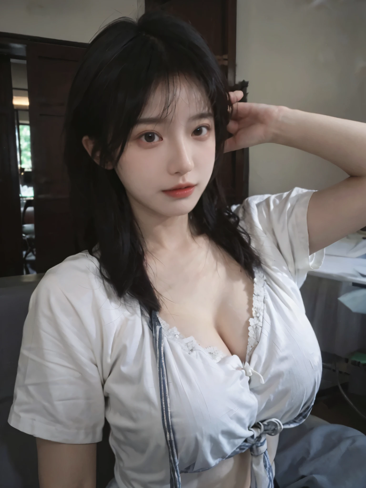 Best quality,masterpiece,ultra high res,(photorealistic:1.4),1girl,sexy,(shirt and tie:1.2),(bra:1.2),(large breast:1.3),(upper body:1.4)