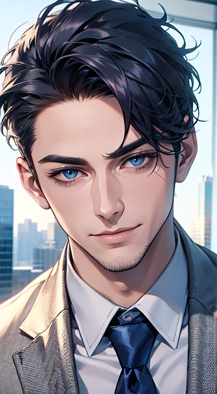 (best quality,4k,8k,highres,masterpiece:1.2),ultra-detailed,(realistic,photorealistic,photo-realistic:1.37),1 man,31 years old,mature man,very handsome,without expression,smile,short blue hair,blue eyes,penetrating gaze,perfect face without errors,imposing posture,businessman,office background,cinematic lighting,hdr image