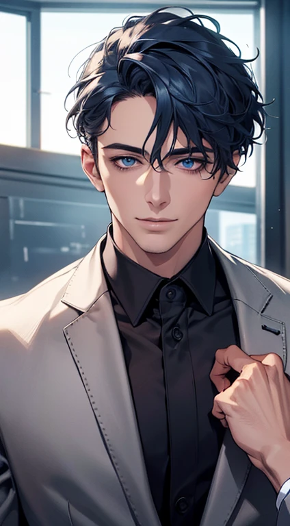 (best quality,4k,8k,highres,masterpiece:1.2),ultra-detailed,(realistic,photorealistic,photo-realistic:1.37),1 man,31 years old,mature man,very handsome,without expression,smile,short blue hair,blue eyes,penetrating gaze,perfect face without errors,imposing posture,businessman,office background,cinematic lighting,hdr image