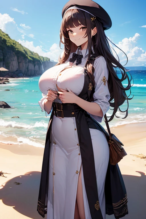 (masterpiece:1.3), (best quality:1.3), (ultra-detailed), (high quality:1.3), (high resolution), beautiful_detailed_face, 1girl, solo, beret, black hair, long straight hair, hairclip, (large breast:1.3), white collared shirt, black underbust, white long skirt, brown eyes, smile, full body, standing, dynamic pose, beach,