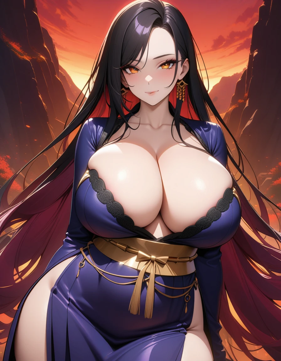 (A bewitching 35-year-old Japanese widow, Posing with a mountain of skeletons illuminated by the red sunset in the background, her porcelain doll-like complexion illuminated by soft golden lighting. Her raven tresses cascading down her back like a waterfall of night, as she gazes seductively into the camera with an air of sly sophistication. She's dressed in a provocative black kimono, its silk folds teasingly parted to reveal a hint of creamy skin. The framing of the shot accentuates her curves, while her eyes seem to dare you to succumb to her charms. Her full lips curved into a subtle smile, as if she's already ensnared her next victim.), (sfw, masterpiece, incredibly absurd resolution, absolutely resolution, ultra high resolution, Mature Female, MILF, professional, vivid colors, perfect anatomy, ideal facial features, ideally proportioned figure, perfectly beautiful body, super detailed skin, glossy skin, glistening skin, Glamor, soft and curvy, body conscious, collarbone, cleavage, saggy huge breasts), ((evil seductive smile))