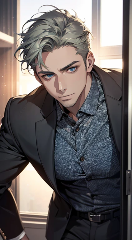 (best quality,4k,8k,highres,masterpiece:1.2),ultra-detailed,(realistic,photorealistic,photo-realistic:1.37),1 man,31 years old,mature man,very handsome,without expression,smile,short grey green hair,blue eyes,penetrating gaze,perfect face without errors,imposing posture,businessman,office background,cinematic lighting,hdr image