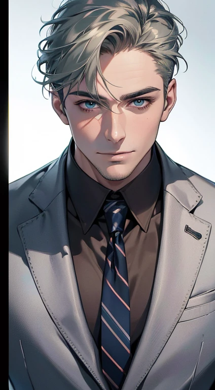 (best quality,4k,8k,highres,masterpiece:1.2),ultra-detailed,(realistic,photorealistic,photo-realistic:1.37),1 man,31 years old,mature man,very handsome,without expression,smile,short grey green hair,blue eyes,penetrating gaze,perfect face without errors,imposing posture,businessman,office background,cinematic lighting,hdr image