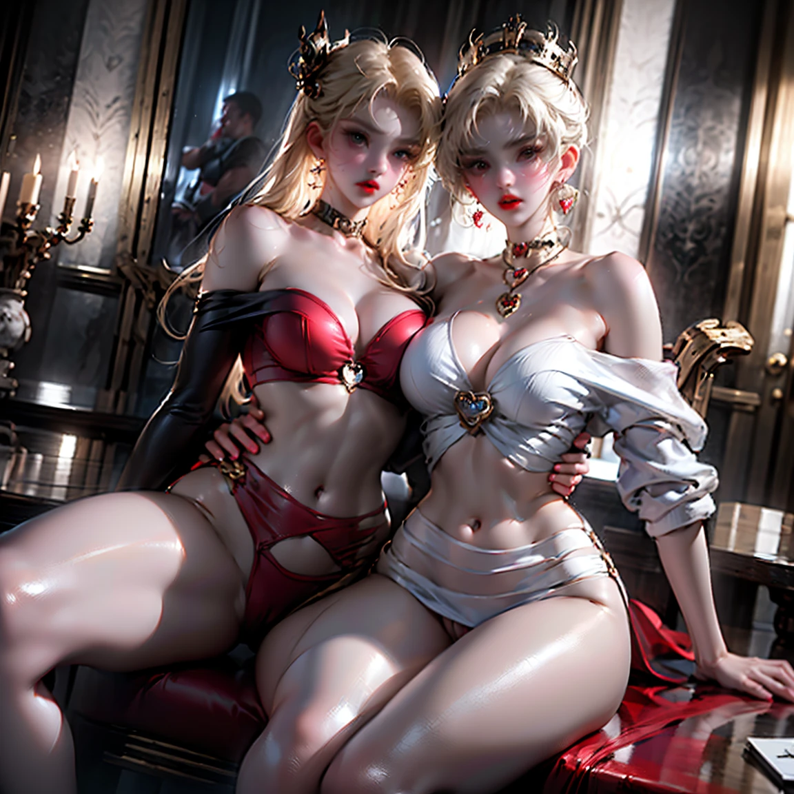 Ultra-clear,Super Resolution,Cute girl,Two girls close contact, 2 girls hugging,Two complete female bodies, Complete two female bodies, (Female Love: 2.0),Sexy, Off-shoulder, window, The rear window is backlit, (Rim Light), Deep understanding, lust, Very shy, (Reflector lamp), Long legs and chest, Slim waist, Perfect body, Perfect hands, blond hair, purity, Jewelry, necklace, Earrings and Nipple Rings, crown, bookshelf, teapot, Magic Items,Mirror,snake,Tentacles,Cthulhu,Mucus,occultism,Low-light photography, Hip chuck, Glowing skin, (Almost no clothes: 2.0), 只穿Translucent clothing,Almost naked,Lopez, Pretty face, Sexual arousal, Sexual Expression, Hazy Beauty, Camel toe, Anatomically correct, (全身Female Love: 2.0), Slender legs and waist,Big breasts and thin waist: 2,Sharp focus,The bones are straight,Correct body anatomy,Perfect anatomy,Bigger breasts,(Big breasts are beautiful: 1.9),(Big Breasts: 1.8),Especially huge,Sexual Positions,Translucent clothing,High slit,Sexy bulge,Thin legs,Thin ankles,Dramatic lighting,Vibrant details,Red Eyeshadow,make up,Full lips,Red lips,chiffon,Tight waistband,chiffon手套,(see through: 1.1),blush,淡粉色Camel toe,Sex slave,Lewd,bursting massive breasts, Sex addict,flush,Less clothing area,Show your belly button,Thin waist,Deep cleavage,(Expressing intense sexual pleasure: 1.5),Sweating,Multicolored Glass,Pixie Short Hair