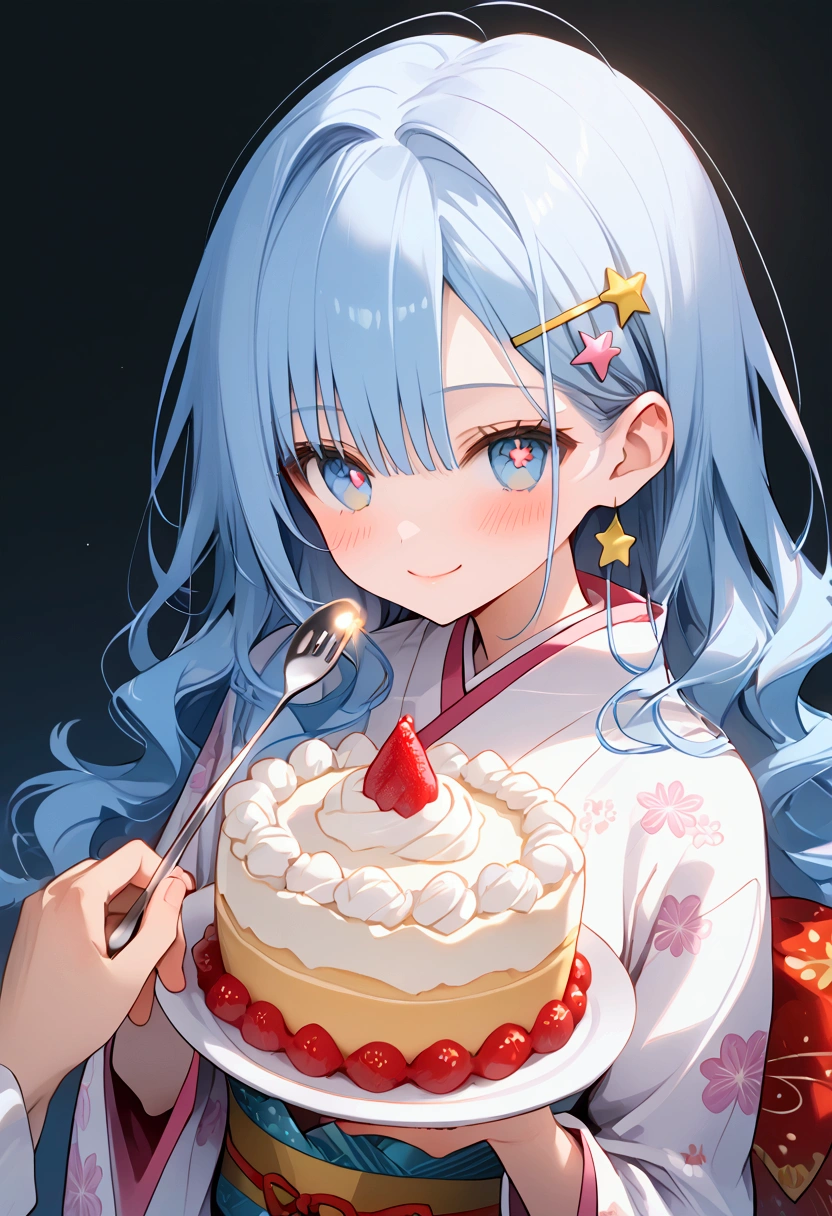 A young woman with light blue hair, star-shaped hair clip, long hair. Her hair is long and straight, with playful, expressive strands that add movement and dynamism to the piece, feeding her viewers with a spoonful of cake, look at viewers. Her eyes are wide and sparkling, with star-shaped pupils that reflect the joy and excitement of her birthday. The blush on her cheeks is a soft pink, revealing her happiness and slight embarrassment at being the center of attention. She's holding a spoon with a pice cake, her excitement almost palpable. adhering to a high-quality Anime style, kimono, from the side. The piece should be in Ultra High Definition, with a resolution of 8K, making it a true masterpiece. Pay attention to anatomical correct(2), ensuring that the character's pose and proportions are accurate and believable. The skin should be textured, with high details that give a sense of realism to the Anime style. The final artwork should be of the best quality and extremely high-re, pov, anime, anime style, social media composition, UHD, masterpiece, accurate, anatomically correct, textured skin, super detail, high details, high quality, award winning, best quality, highres, 8k, smile, happines, emossion