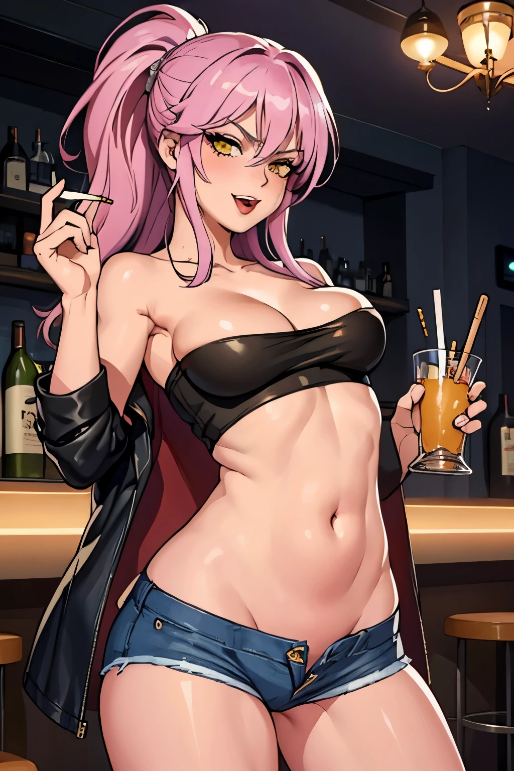 solo, 1girl, mariah \(jojo\), white skin, white-skinned female,  yellow eyes, blush, lipstick, long hair, crazy eyes ,Hot girl, baddie, staring, glaring, bad attitude, mean girl, crazy, smoking, sensual, attractive, bar background, inside bar, indoor,smile, masterpiece,high quality,4k, bare shoulder,belly,crop top,holding pistol,cleavage,casual dress, bar
background, inside bar, indoor,smile, open mouth, (nsfw) not safe for work, evil expression, exposed
belly, exposed navel, exposed midriff, exposed lower belly, crop top overhang, underboob,jacket,
unbuttoned jeans , low rise black jeans, Low rise jeans, Low rise jeans with open fly, navel piercing