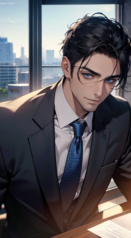 (best quality,4k,8k,highres,masterpiece:1.2),ultra-detailed,(realistic,photorealistic,photo-realistic:1.37),1 man,31 years old,mature man,very handsome,without expression,smile,short grey black hair,blue eyes,penetrating gaze,perfect face without errors,imposing posture,businessman,office background,cinematic lighting,hdr image