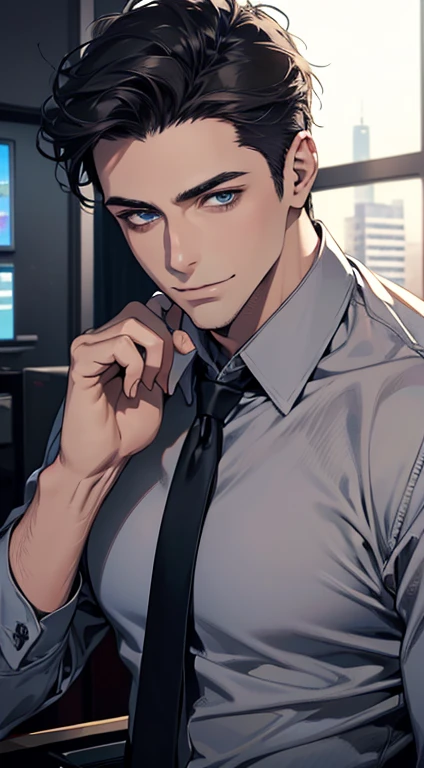 (best quality,4k,8k,highres,masterpiece:1.2),ultra-detailed,(realistic,photorealistic,photo-realistic:1.37),1 man,31 years old,mature man,very handsome,without expression,smile,short grey black hair,blue eyes,penetrating gaze,perfect face without errors,imposing posture,businessman,office background,cinematic lighting,hdr image