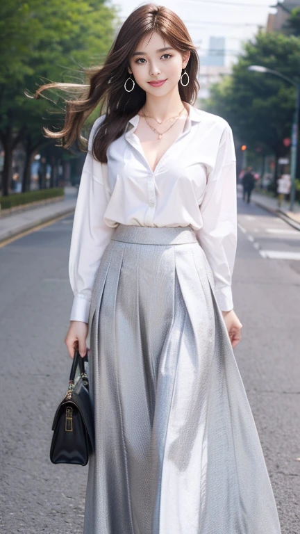 (Highest quality、 8k 、masterpiece、High resolution)、Young lovely woman、Ample breasts、Smooth and unnoticeable collarbone、Slender beauty、(Brown hair medium、My hair is blowing in the wind、Flows backwards)、Full Body Shot、 (Beautiful Face,Beautiful Eyes,Beautiful nose,Pretty lips)、(Stephanie hoove earrings、silver heart necklace)、((Official Casual、knit、shirt、slacks、skirt、Black or white、Finish with basic colors such as pink))、Has an official bag、Her mouth opens slightly and a smile appears.、Nice pose、Building district、office Street、looking at the camera、Professional Lighting、Professional photographer、Detailed CG、
