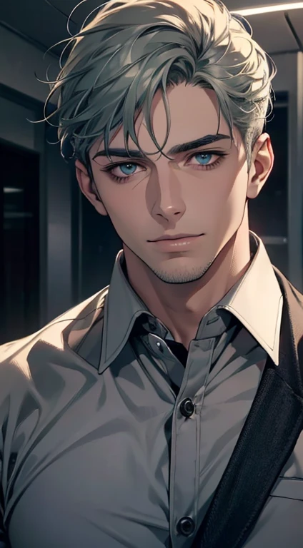 (best quality,4k,8k,highres,masterpiece:1.2),ultra-detailed,(realistic,photorealistic,photo-realistic:1.37),1 man,31 years old,mature man,very handsome,without expression,smile,short grey green hair,blue eyes,penetrating gaze,perfect face without errors,imposing posture,businessman,office background,cinematic lighting,hdr image