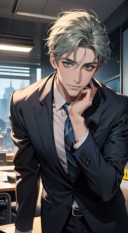 (best quality,4k,8k,highres,masterpiece:1.2),ultra-detailed,(realistic,photorealistic,photo-realistic:1.37),1 man,31 years old, man,very handsome,without expression,smile,short grey green hair,blue eyes,penetrating gaze,perfect face without errors,imposing posture,businessman,office background,cinematic lighting,hdr image