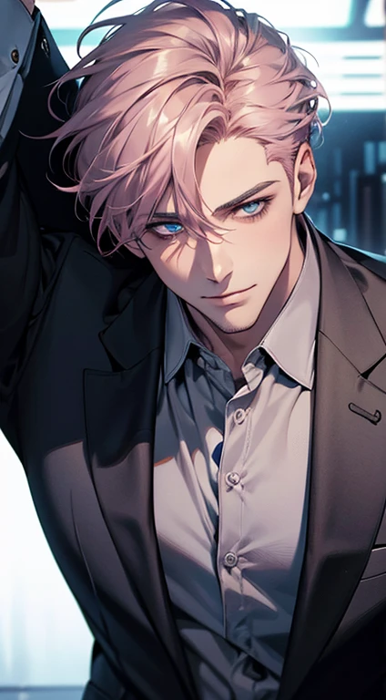 (best quality,4k,8k,highres,masterpiece:1.2),ultra-detailed,(realistic,photorealistic,photo-realistic:1.37),1 man,31 years old,mature man,very handsome,without expression,smile,short grey pink hair,blue eyes,penetrating gaze,perfect face without errors,imposing posture,businessman,office background,cinematic lighting,hdr image