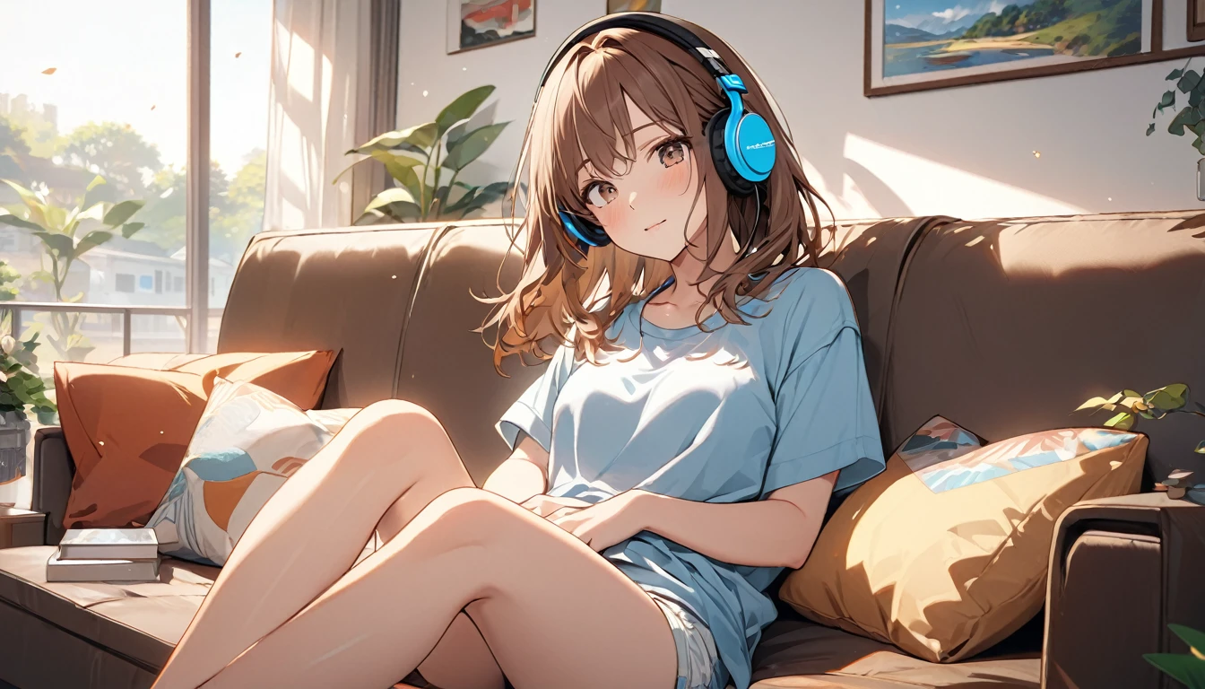 Brown-haired girl wearing headphones、Calm Afternoon - Very detailed、masterpiece, Highest quality, Bright - With a bright living room as the background、Relaxed facial expression、Casual clothing、Relaxing on the sofa
(Detailed fingers), (Emotional), (Breathtakingly beautiful), (main part:1.2 Whole body), (Anime Style), (Very detailed), (超High resolution, High resolution), (8k), (Complex and beautiful: 1.2)