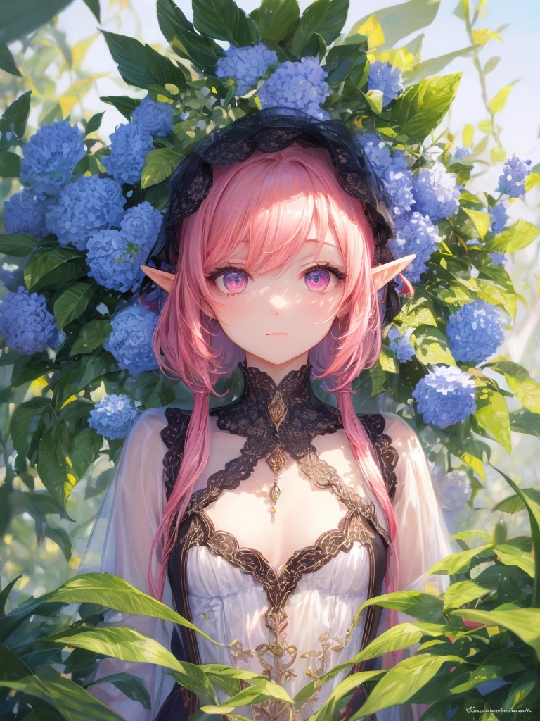 art by Cornflower,(masterpiece),(highest quality:1.2),(Perfect Anatomy),(1 Girl),elf,Beautiful and detailed pink eyes,Beautiful pink hair,(Highly detailed elegant),Classic Style,Rich colors,Vibrant texture, Detailed skin,Add a dramatic and symbolic element to your scene, Written boundary depth, Silky to the touch,Dynamic Composite,Delicate texture,Standing in a field of green plants and flowers,Warm lighting