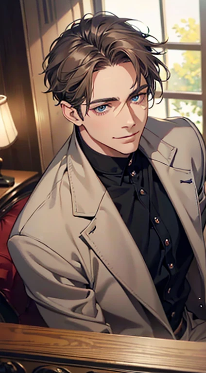 a mature man with short grey Brown hair, blue eyes, 31 years, and a perfect face, smiling in love, CEO, cinematic lighting, 1:4 HDR image, top view, ultra detailed, best quality, masterpiece, 8K, photorealistic, beautiful image