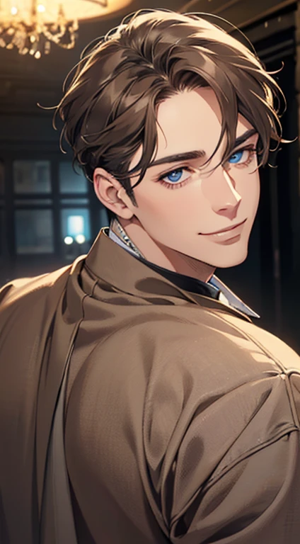 a mature man with short grey Brown hair, blue eyes, 31 years, and a perfect face, smiling in love, CEO, cinematic lighting, 1:4 HDR image, top view, ultra detailed, best quality, masterpiece, 8K, photorealistic, beautiful image