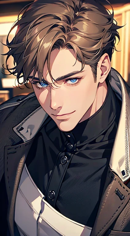 a mature man with short grey Brown hair, blue eyes, 31 years, and a perfect face, smiling in love, CEO, cinematic lighting, 1:4 HDR image, top view, ultra detailed, best quality, masterpiece, 8K, photorealistic, beautiful image