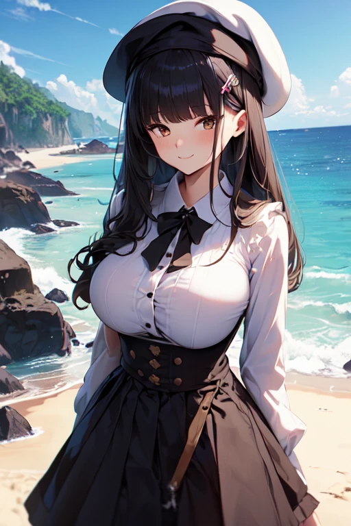 (masterpiece:1.3), (best quality:1.3), (ultra-detailed), (high quality:1.3), (high resolution), beautiful_detailed_face, 1girl, solo, beret, black hair, long straight hair, hairclip, (large breast:1.3), showing her breasts, white collared shirt, black underbust, white long skirt, brown eyes, smile, full body, standing, dynamic pose, beach,