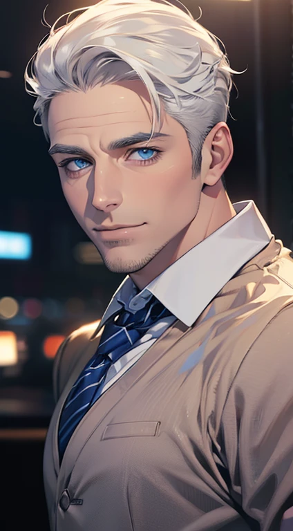 (best quality,4k,8k,highres,masterpiece:1.2),ultra-detailed,(realistic,photorealistic,photo-realistic:1.37),1 man,31 years old,mature man,very handsome,without expression,smile,short grey white hair,blue eyes,penetrating gaze,perfect face without errors,imposing posture,businessman,office background,cinematic lighting,hdr image