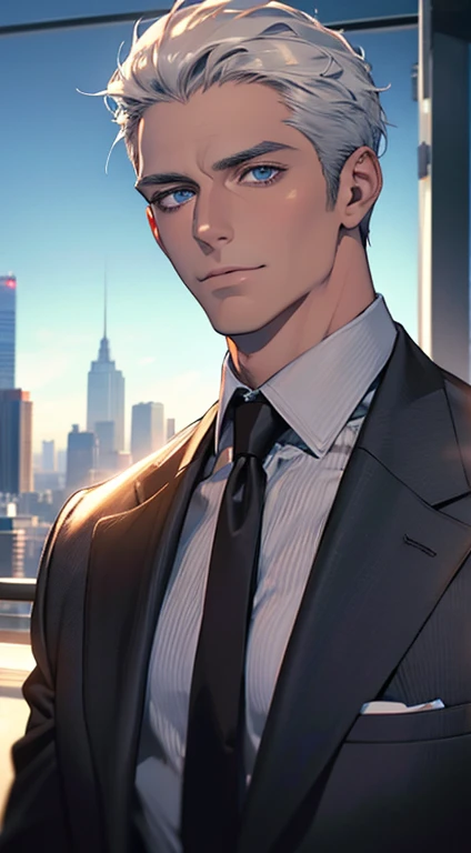 (best quality,4k,8k,highres,masterpiece:1.2),ultra-detailed,(realistic,photorealistic,photo-realistic:1.37),1 man,31 years old,mature man,very handsome,without expression,smile,short grey white hair,blue eyes,penetrating gaze,perfect face without errors,imposing posture,businessman,office background,cinematic lighting,hdr image
