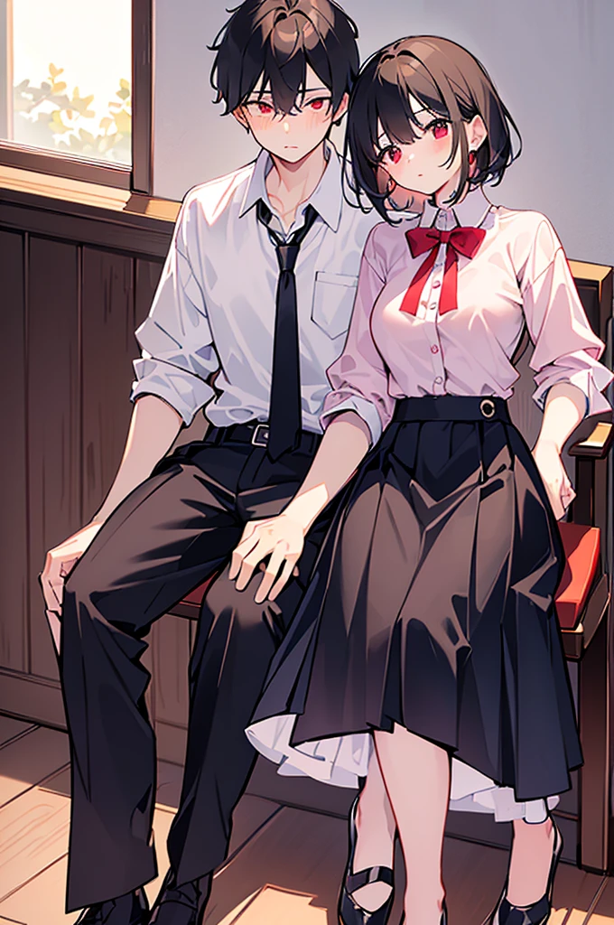 High quality　masterpiece　male and female couple　Girl sitting on a chair，Wearing a tight skirt，Covered with shirt。The boy hugs from behind。Wearing high school trousers uniform、Boy with short hair。Not wearing glasses、revenge, Hot Kids, Sexy babes, Good breasts, Hot boy with red eyes,nsfw,