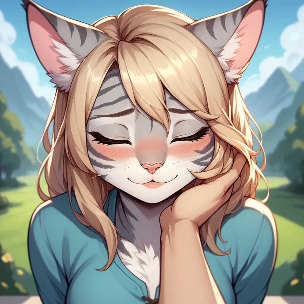 score_9,score_8_up,score_7_up, score_6_up, score_5_up,source_anime, Kat,  Anthro furry feline, silver fur, grey stripes on body, blonde hair, pink nose, :3,  1girl,solo,  pov kiss, closed eyes, facing viewer, pov, pov viewer is kissing her, close up, blushing, wearing blue tunic, outdoors