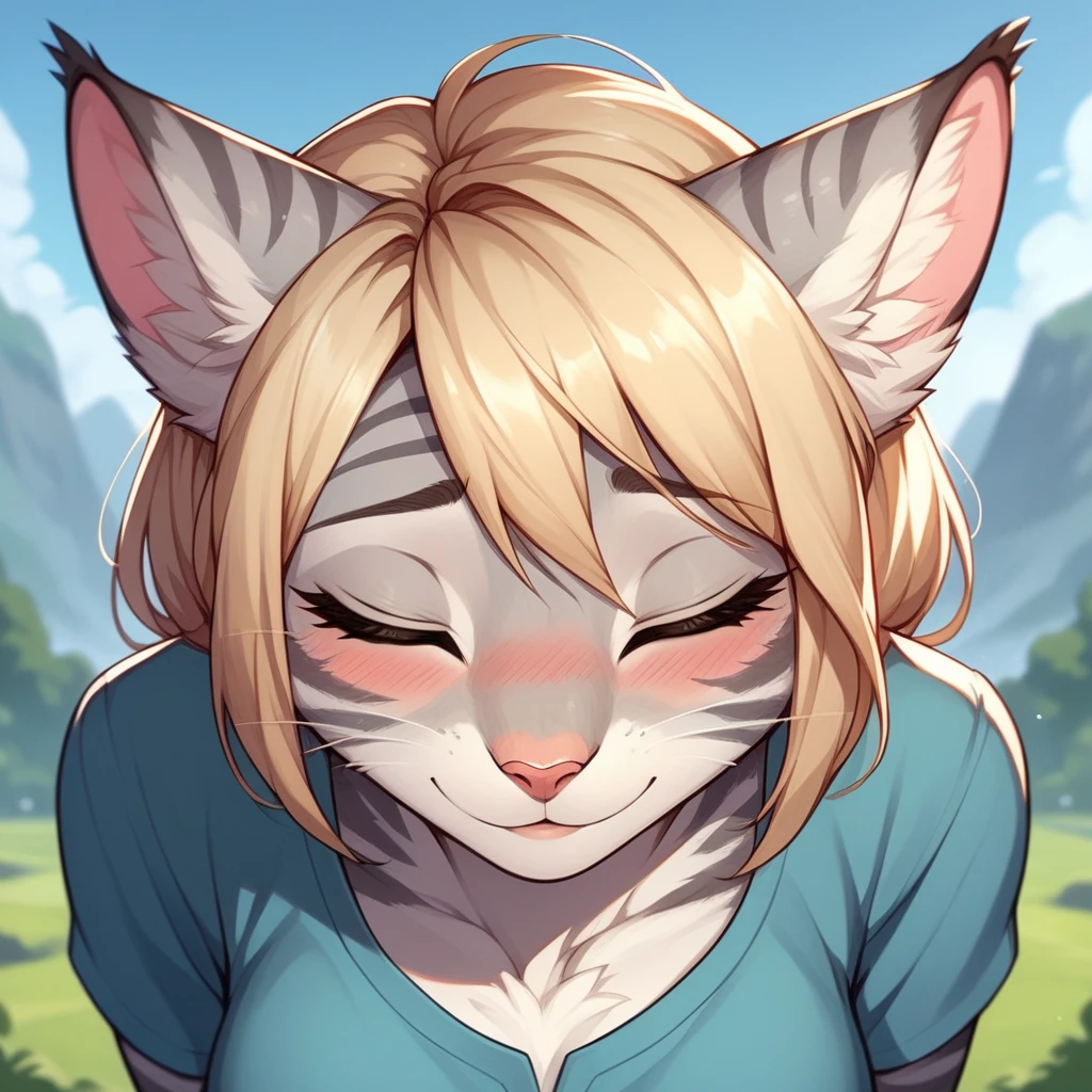 score_9,score_8_up,score_7_up, score_6_up, score_5_up,source_anime, Kat,  Anthro furry feline, silver fur, grey stripes on body, blonde hair, pink nose, :3,  1girl,solo,  pov kiss, closed eyes, facing viewer, pov, pov viewer is kissing her, close up, blushing, wearing blue tunic, outdoors