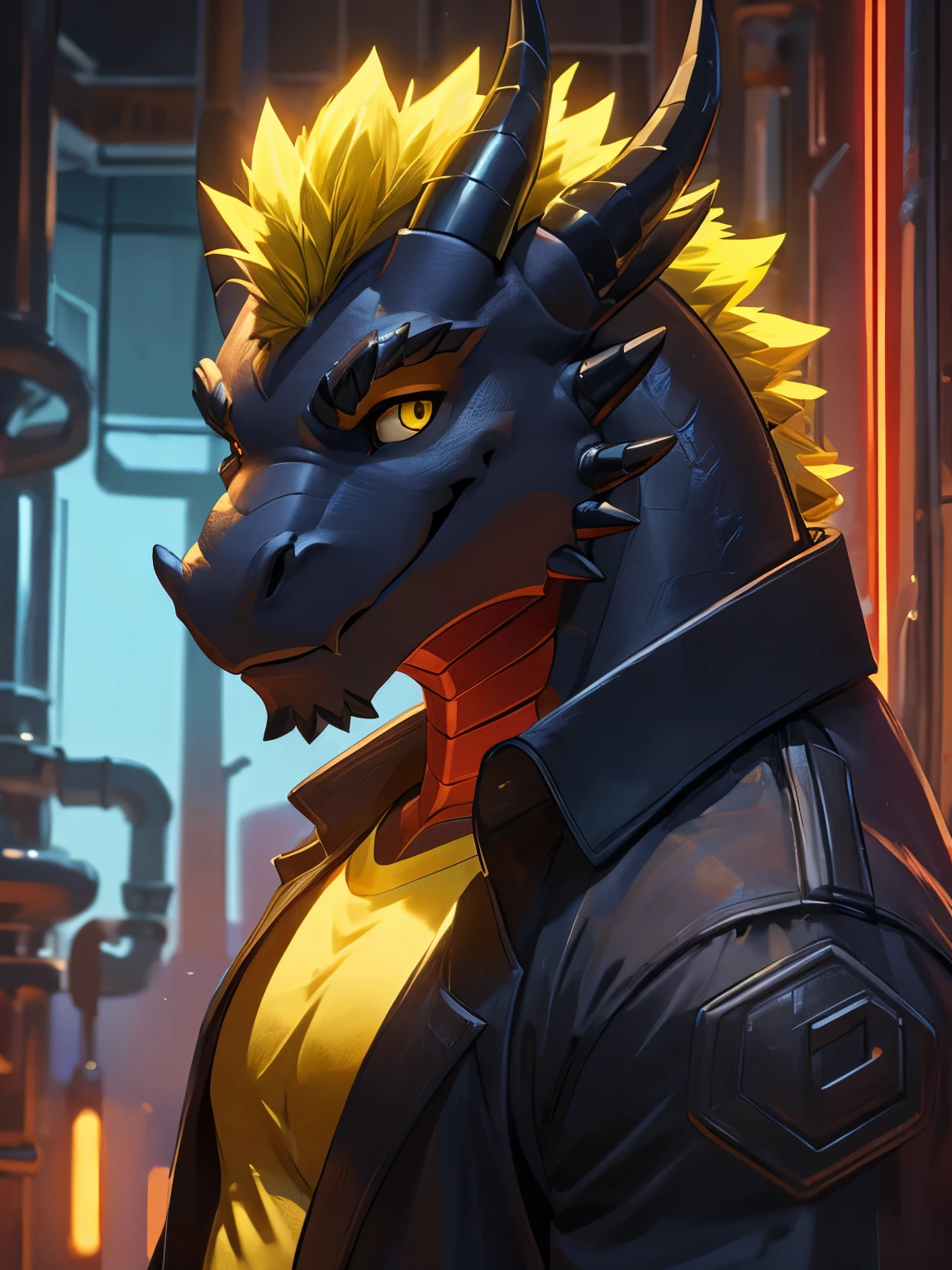 Furry,red black skin dragon,Male,neon yellow eyes(Realistic eye detail)Handsome face.,voluptuous,Smile at the corners of your mouth.,robust,Wear a plumber&#39;s uniform(Realistic costumes),perfect anatomy,realistic anatomy,Left hand holds tool box 1.2,standing in front of the door(The background is realistic and accurate.),Look at the audience.,