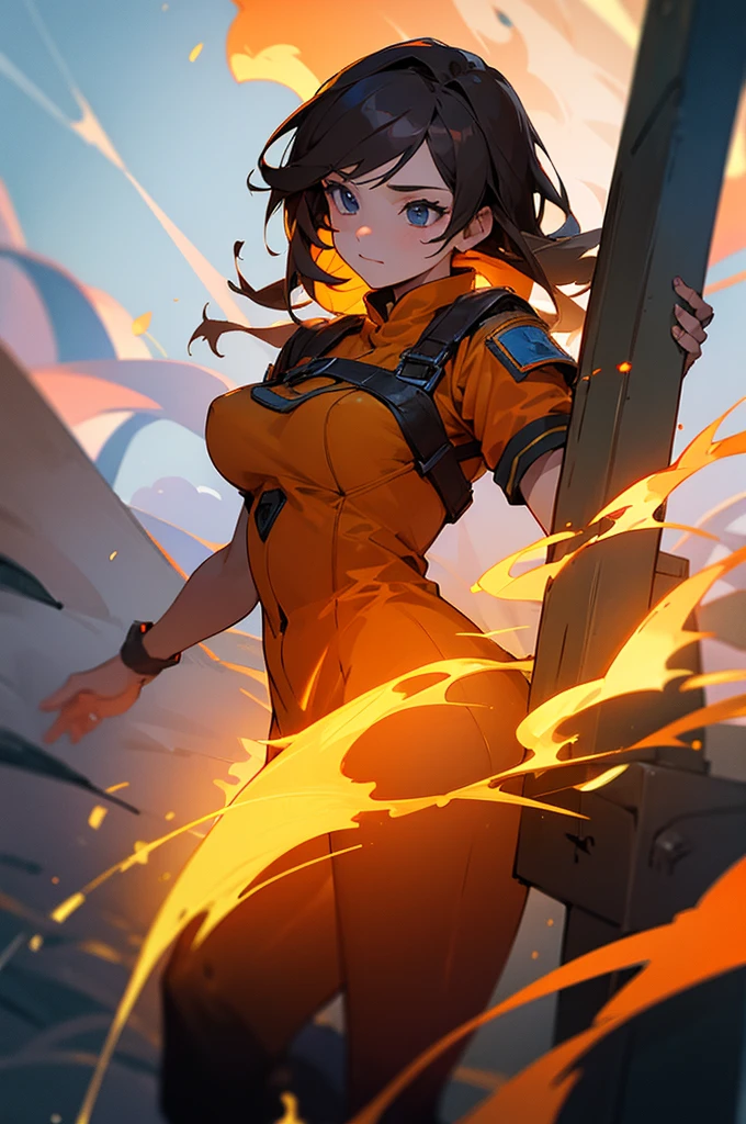 1female, young adult, big , finely detailed orange eyes, wild medium hair, brown hair, full body combat suits, standing on ruined building, night time, excited expression,